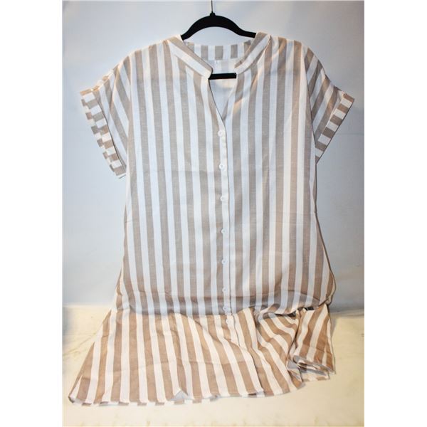 SZ. L TAUPE & WHITE STRIPPED V NECK SHIRT DRESS