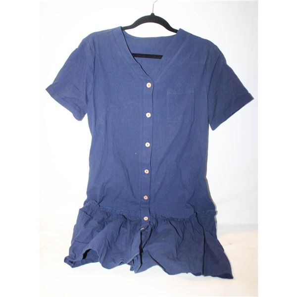 SZ. L NAVY BUTTOM DOWN V NECK RUFFLE DRESS