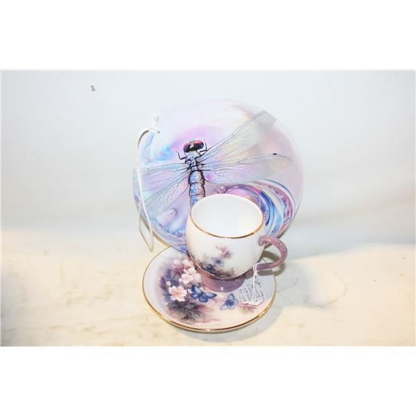 LENA LIU PORCELAIN CUP & SAUCER, DRAGONFLY DÉCOR