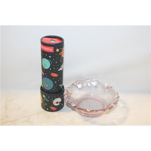 PINK DEPRESSION GLASS BOWL & KALEIDOSCOPE