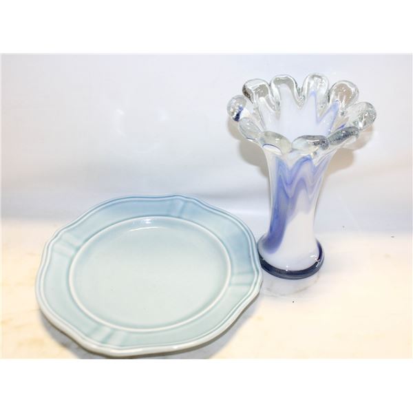 MURANO STYLE SWUNG VASE & STONEWARE PLATE