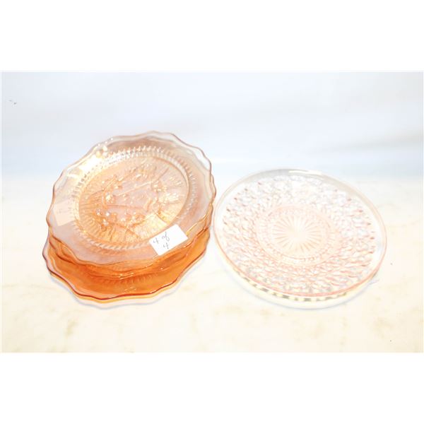 4 JEANETTE SAUCERS, PINK DEPRESSION GLASS PLATE