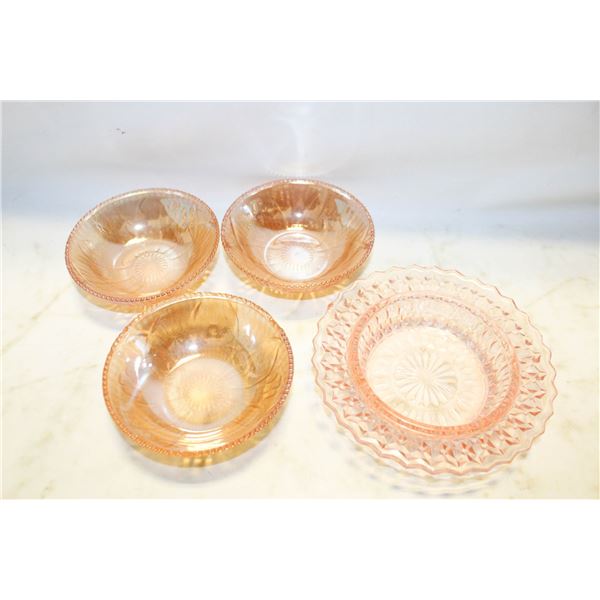 3 JEANETTE IRIS BOWLS, 1930 DEPRESSION GLASS BOWL