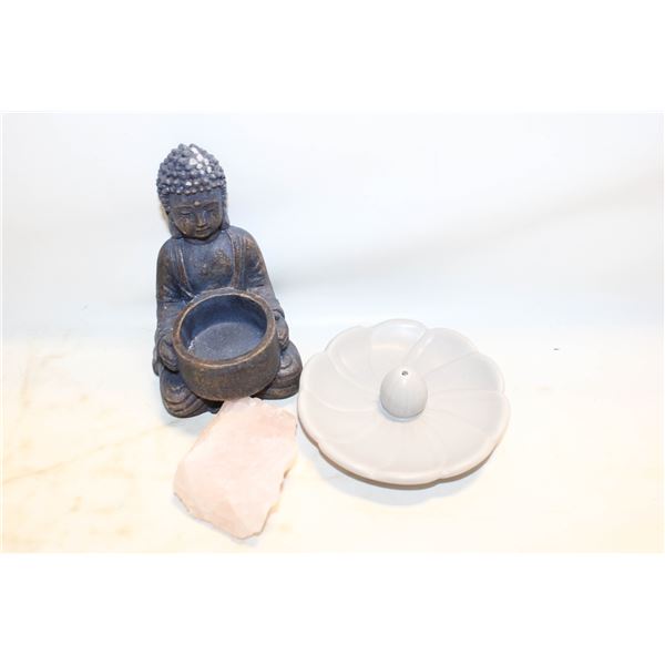 INSENSE HOLDER, BUDDA TEALIGHT, ROSE QUARTZ ROCK