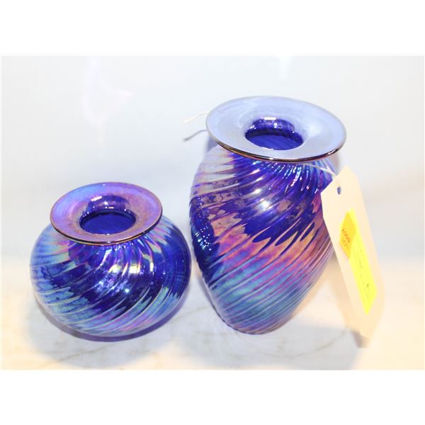 2 VASES - IRIDESCENT BLUE SWIRL ART GLASS