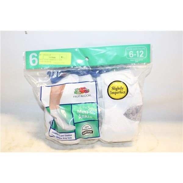 ANKLE SOCKS WHITE 6-12 SIZE 6-PACK FRUIT OF
