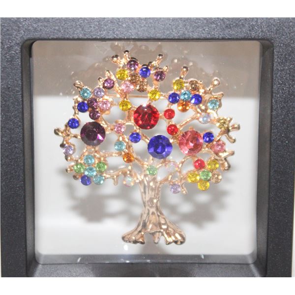 TREE OF LIFE MULTICOLORED RHINESTONE BROOCH