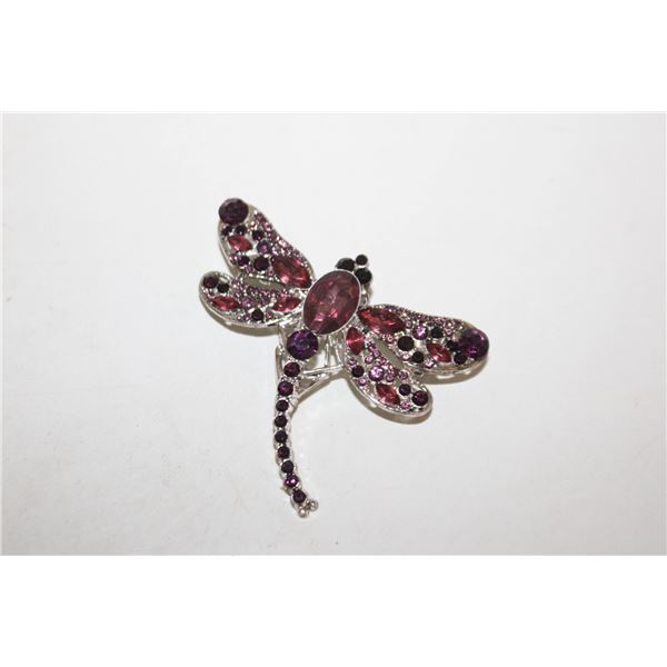 PURPLE GLASS & RHINESTONE DRAGONFLY BROOCH