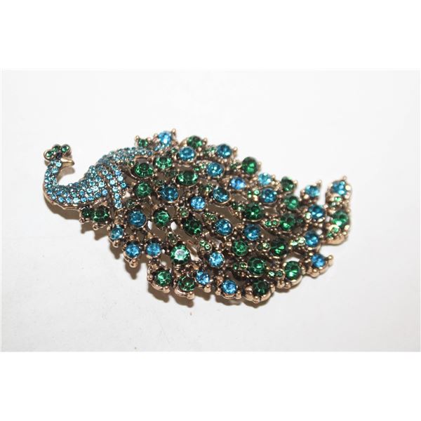 ART NOUVEAU BLUE & GREEN PEACOCK RHINESTONE