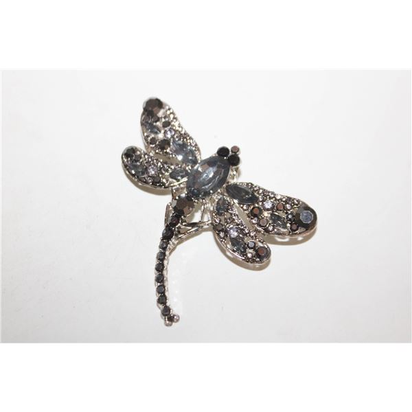 GREY & BLACK GLASS & RHINESTONE GRAGONFLY BROOCH