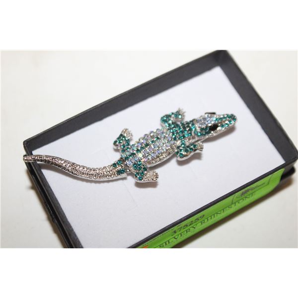 NEW TEAL SILVERY RHINESTONE FILLED CROCODILE