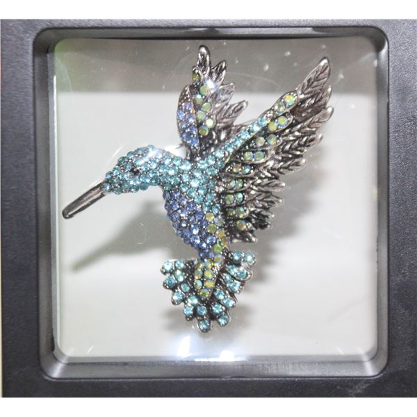 NEW HUMMINGBIRD BROOCH, BLUE, GREEN RHINESTONES
