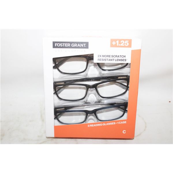 FOSTER GRANT 3 READING GLASSES, 1 CASE, +1.25