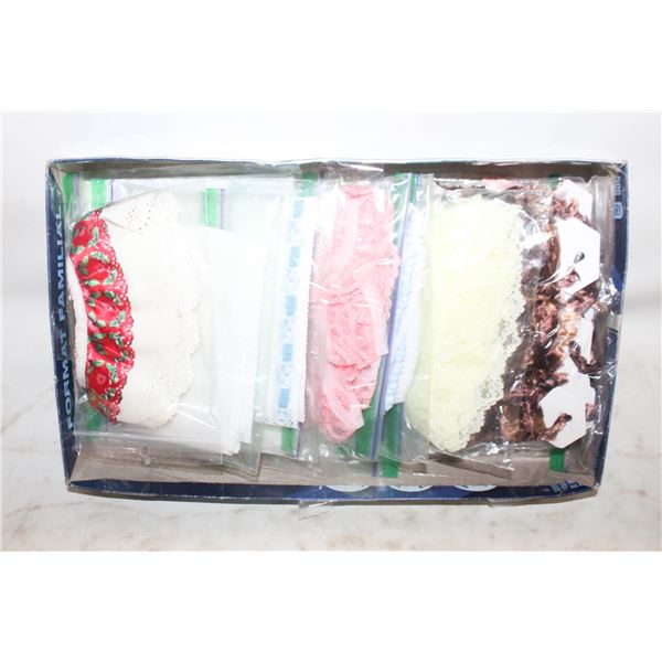 14 BAGS OF ASST 2 METRE LACE,15 SPOOLS OF