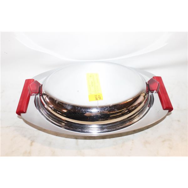 CHROME & RED BAKELITE OVAL SERVING DISH