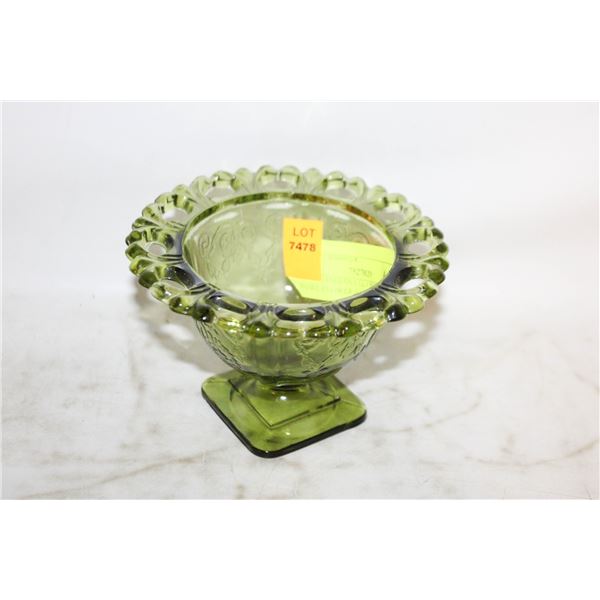GREEN INDIANA GLASS COMPOTE BOWL FLOWER BASKET