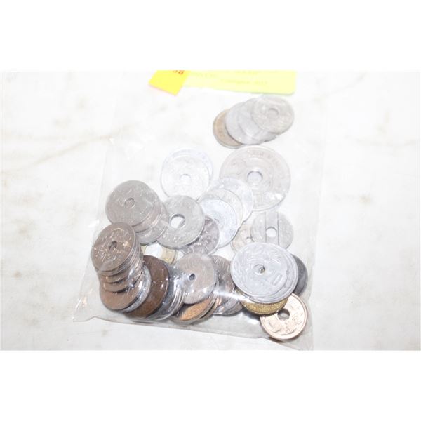 LRG. LOT OF VARIOUS "HOLED" WORLD COINS ETC.