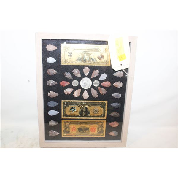 FRAMED DISPLAY OF 30 ARROWHEADS, UNVERIFIED COINS+