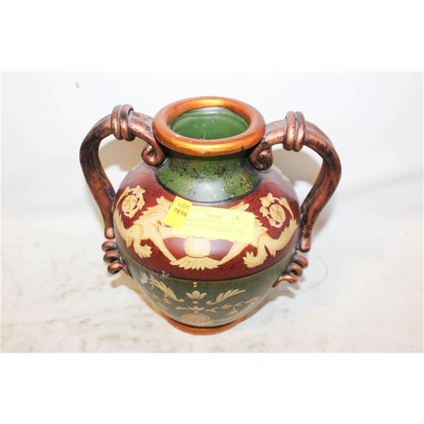 DECORATIVE CERAMIC VASE W/ORNATE HANDLES & PAINTED