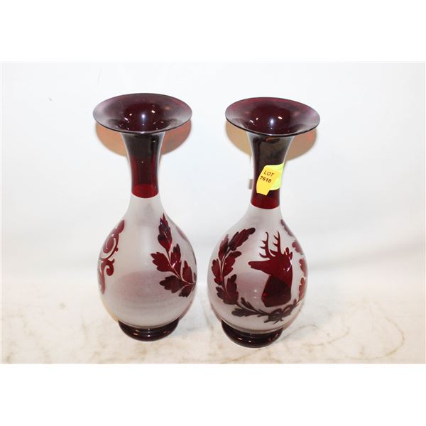 2 VINTAGE RED FLASHED GLASS VASES