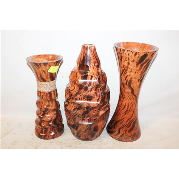 3 MANGO WOOD DECORATIVE VASES