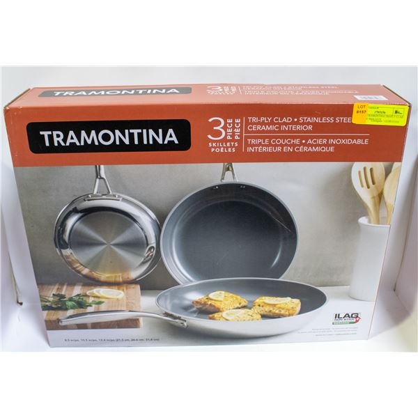 3 PIECE TRAMONTINA TRI-PLY CLAD CERAMIC SKILLETS