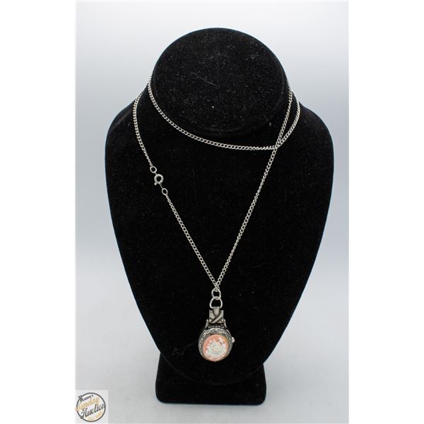SILVER-TONE ROSE CAMEO WATCH PENDANT NECKLACE