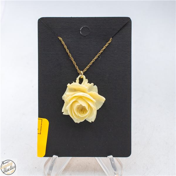 VINTAGE CARVED ROSE PENDANT FAUX IVORY