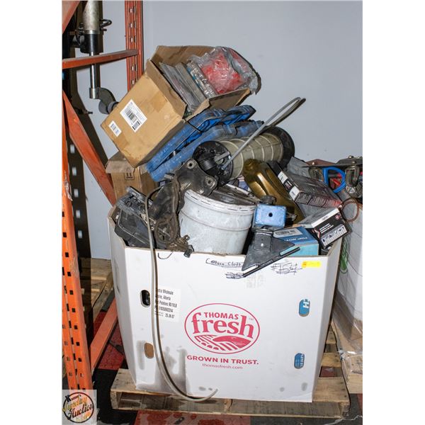PALLET OF ASSORTED SHOP TOOLS AND EQUIPMENT