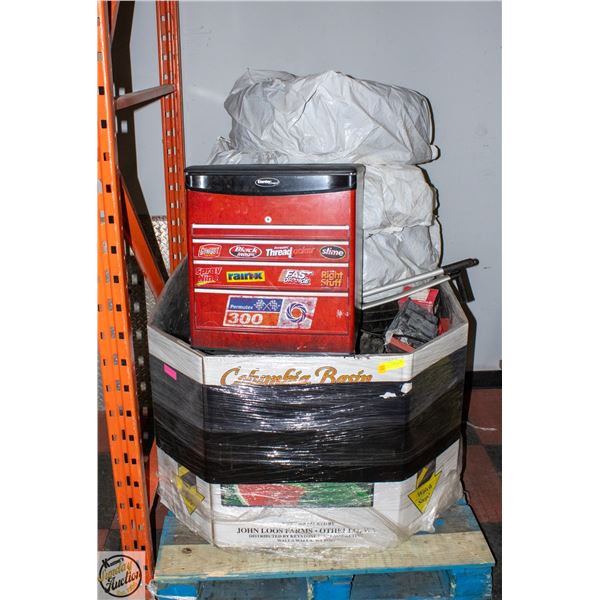 PALLET OF ASSORTED SHOP TOOLS AND EQUIPMENT