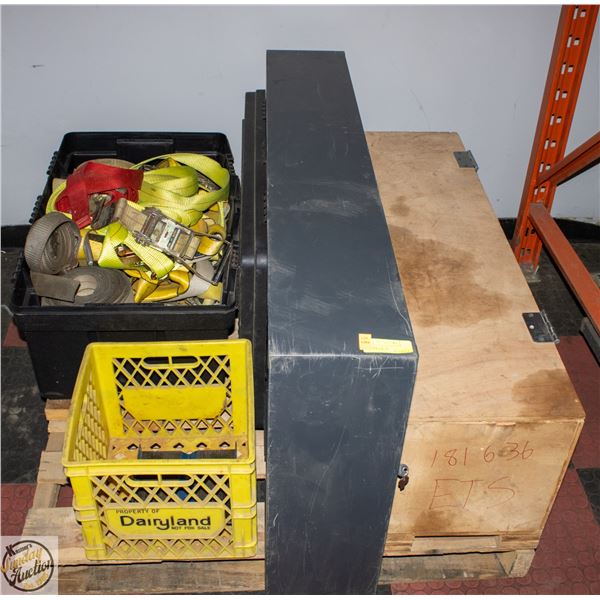 PALLET OF RATCHET STRAPS WITH FILING CABINET