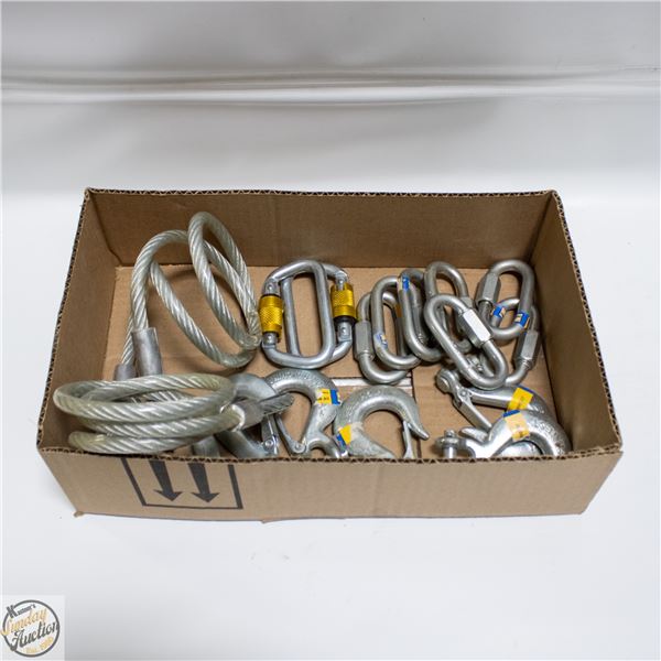 BOX W/ NEW HOOKS AND CARABINERS