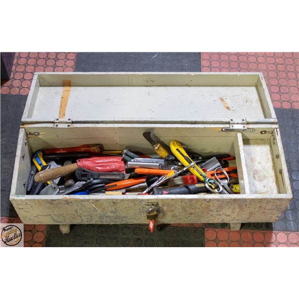 WOODEN TOOL BOX FILLED WITH TOOLS