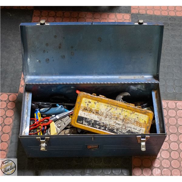 BLUE METAL TOOL BOX FULL OF TOOLS