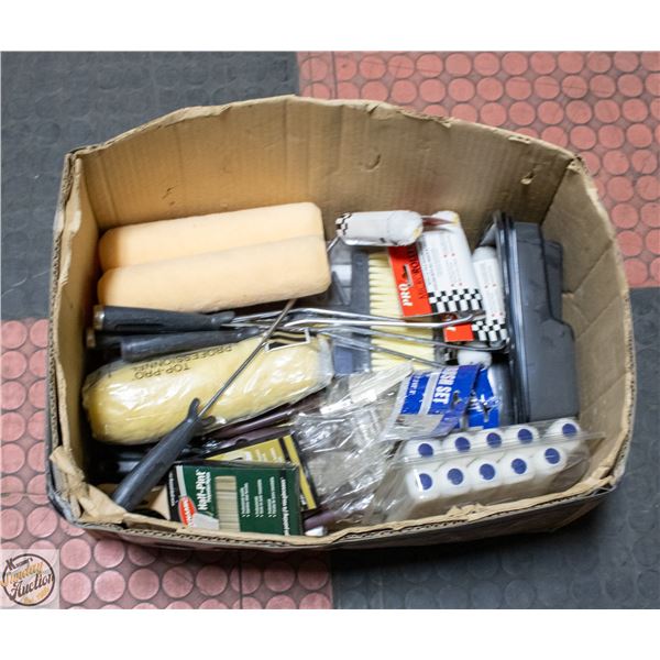 BOX W/ NEW PAINT BRUSHES, ROLLERS+MORE