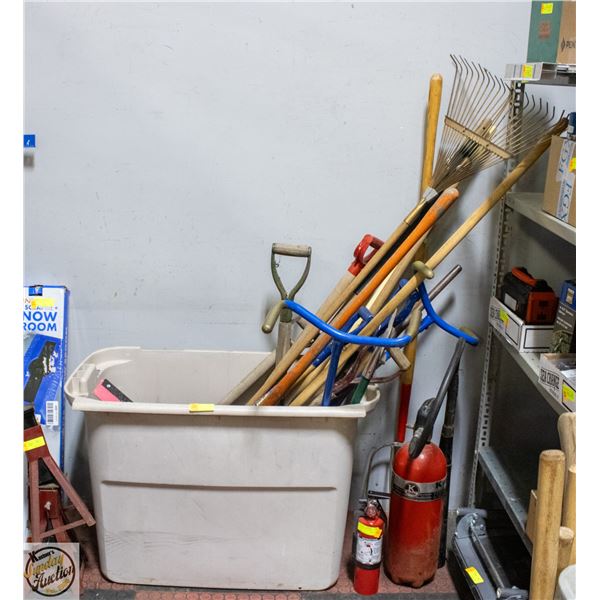 LARGE BIN OF YARD TOOLS
