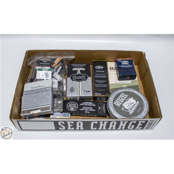 BOX OF NEW RAZOR BLADES AND POMADE