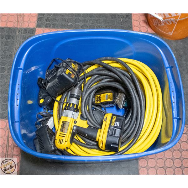 BIN OF POWER TOOLS, CHARGES AND AIR HOSES