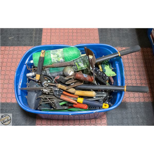 BIN OF GARDEN TOOLS
