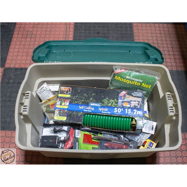 BIN WITH NEW GARAGE/YARD SUPPLIES