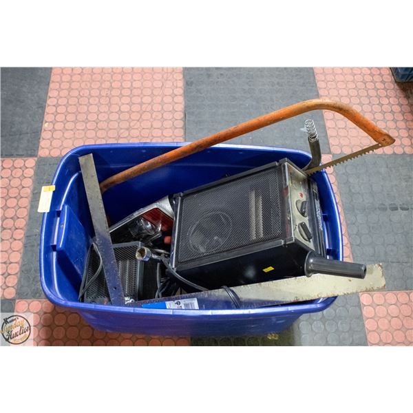 BIN OF MISC TOOLS, SAWS, HEATERS