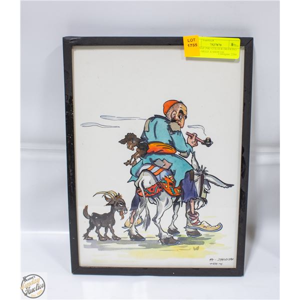 VINTAGE INK+COLOUR DRAWING GOAT+MULE A.SHOP JAI