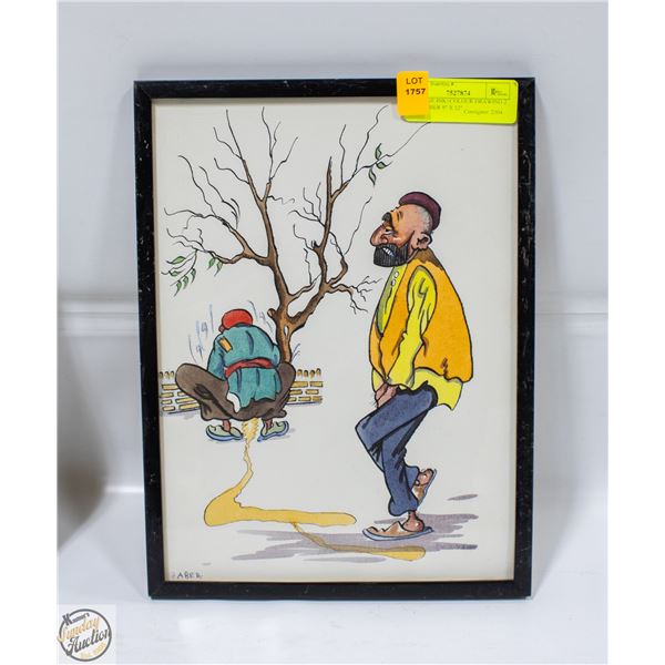 VINTAGE INK+COLOUR DRAWING 2 MEN JABER 9" X 12"