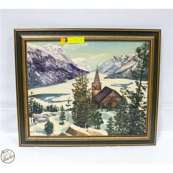 VINTAGE GALE ENGLISH PAINTING WINTER CHURCH FACING