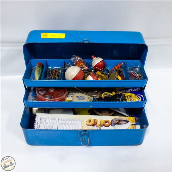 VINTAGE METAL FISHING TACKLE BOX, FULL OF TACKLE