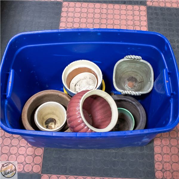 LARGE BIN OF MISC CLAY PLANTERS