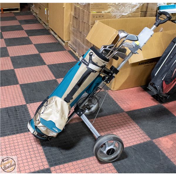GOLF CART W/BAG, CLUBS & UMBRELLA