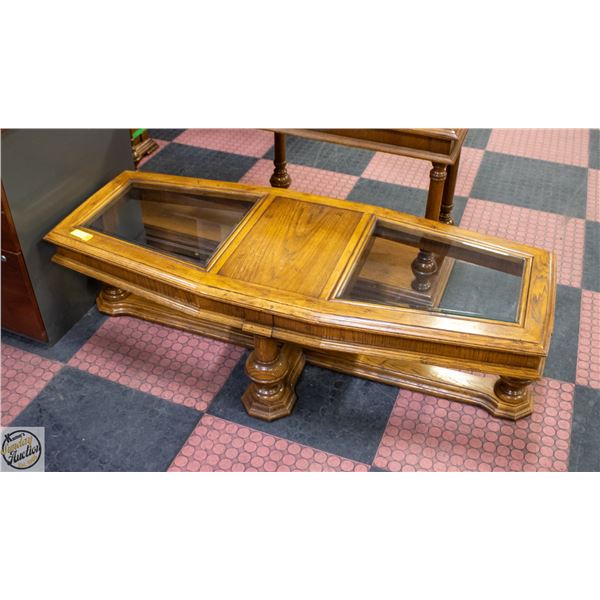 WOODEN COFFEE TABLE WITH 2 GLASS TOP INSERTS
