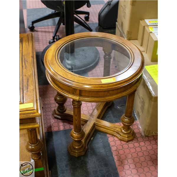 WOODEN ROUND SIDE TABLE WITH ROUND GLASS INSERT