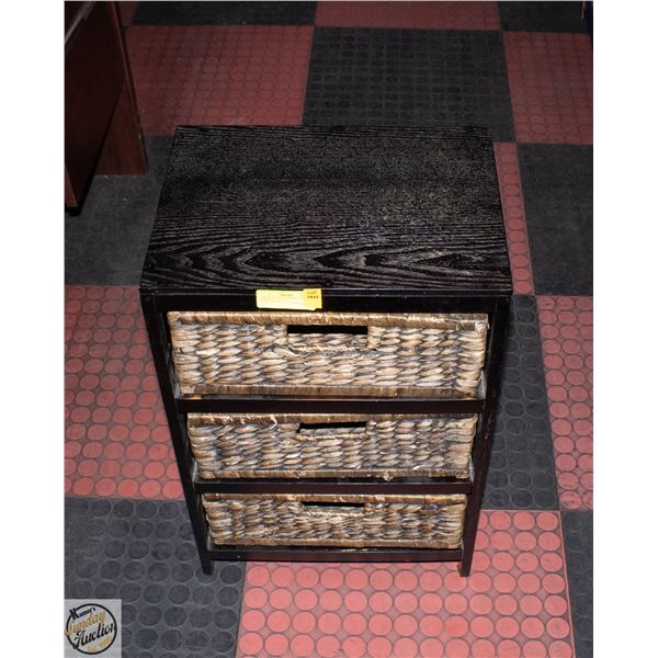 3 DRAWER WOOD AND WICKER STORAGE SHELVES